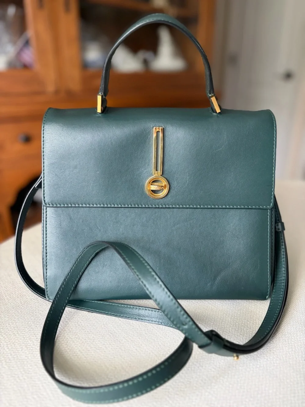 VNTG Escada Green Leather Top-Handle Shoulder Strap Bag Gold Hardware Italy 🇮🇹